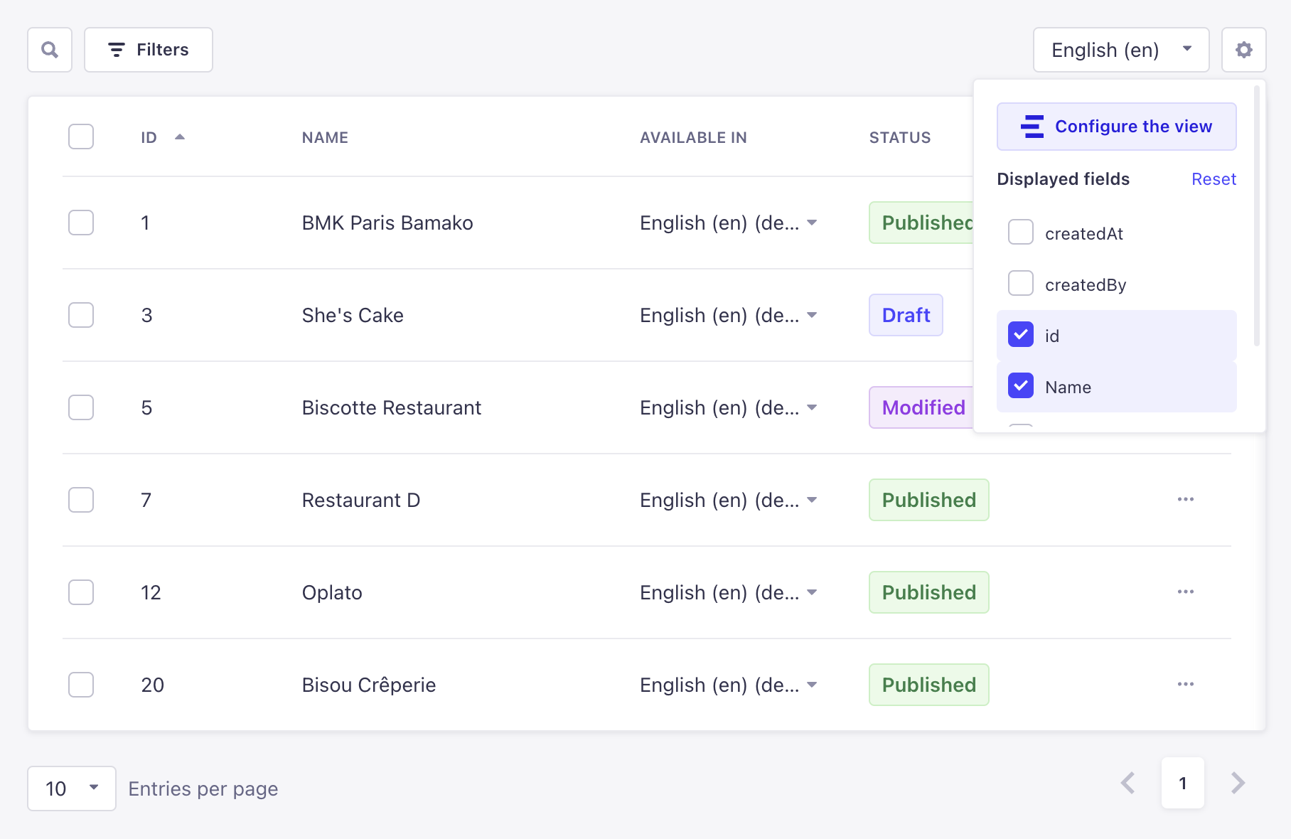 Displayed fields in the settings of a list view in the Content Manager