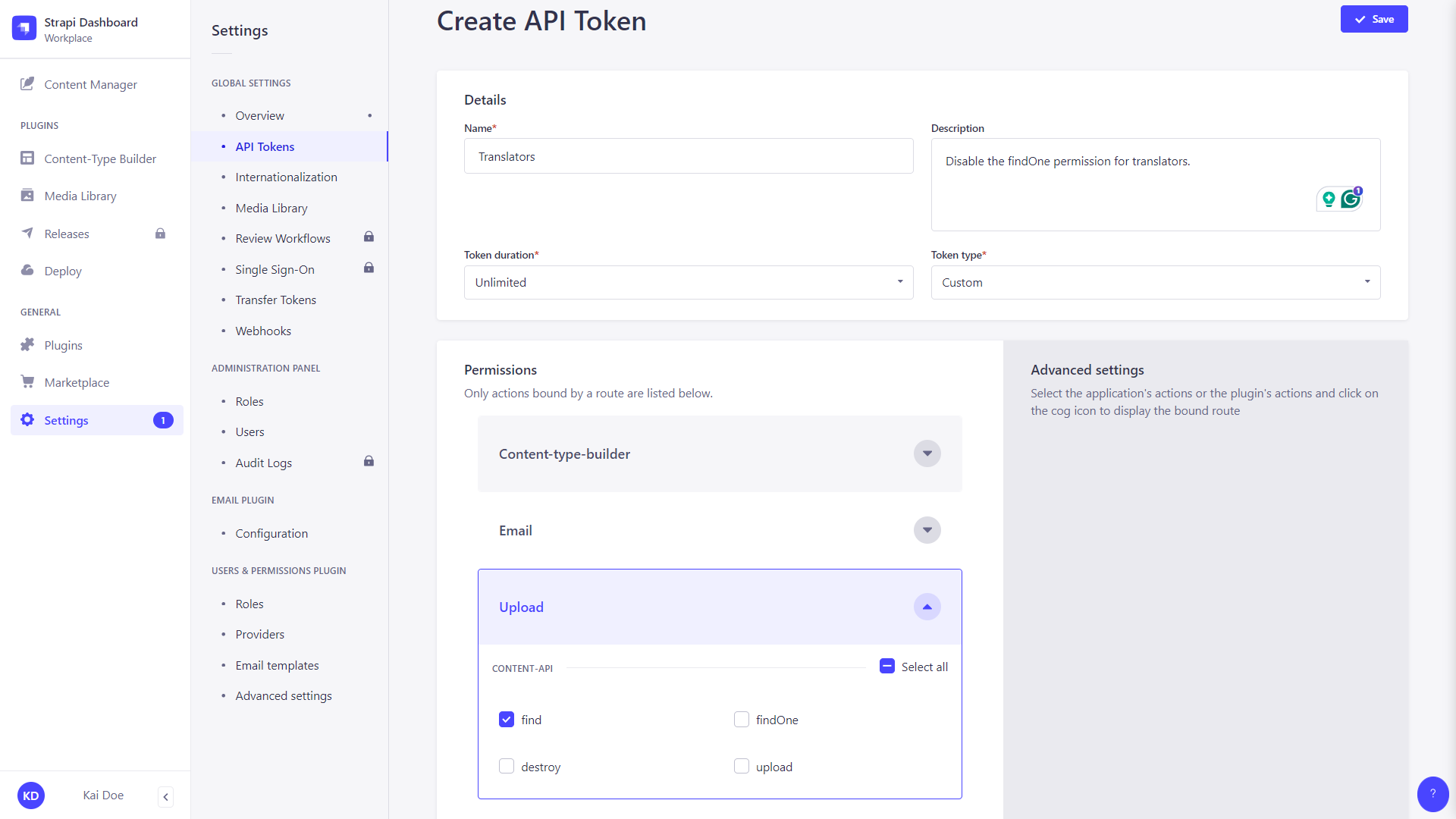 Custom API token